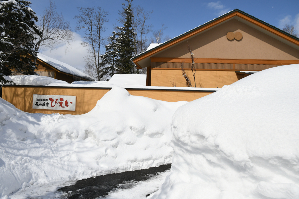 雪に埋もれる森の旅亭びえいの玄関