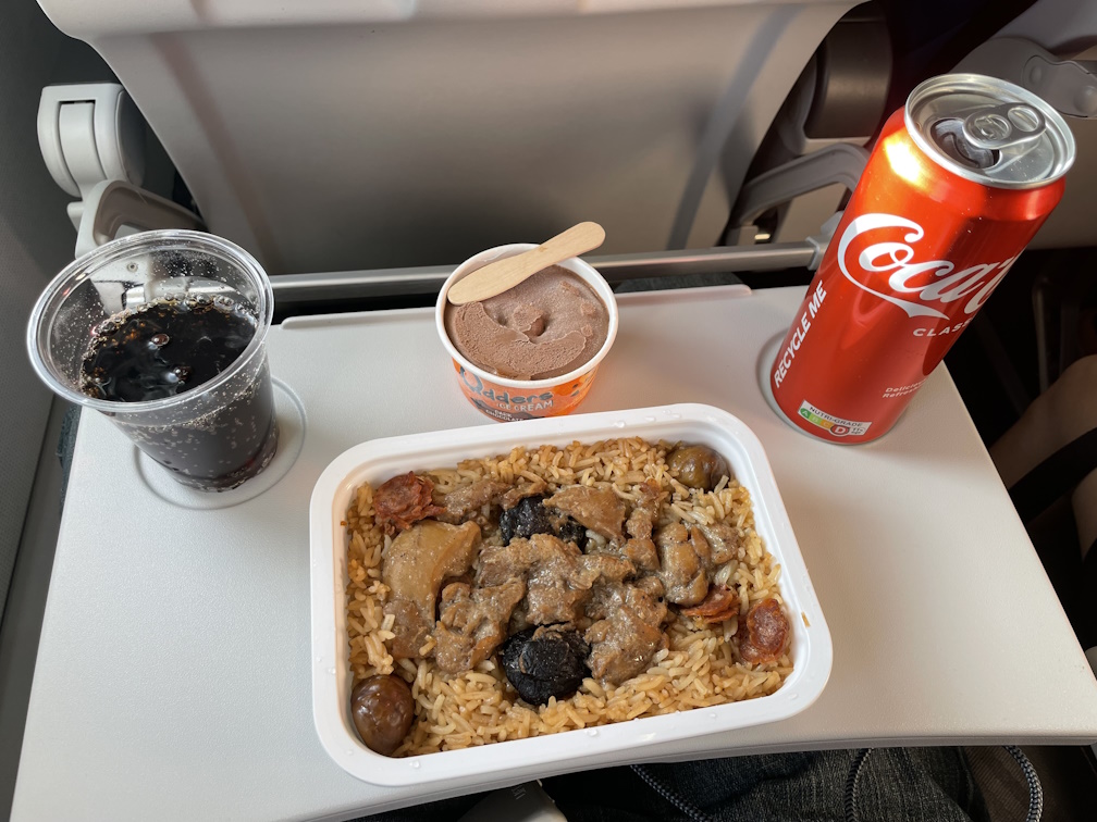 機内食のオリエンタルトレジャーライス、コカ・コーラ、アイスクリーム（DEEP CHOCOLATE）