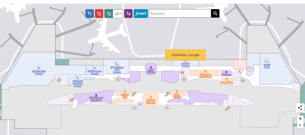 チャンギ国際空港公式サイトのマップ、Marhaba Loungeのスクリーンショット