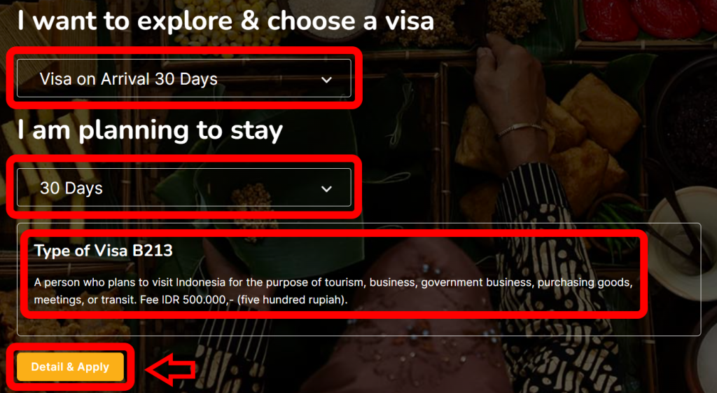 インドネシア入管 e-Visa 公式サイト 申請ページ（ビザの日数と適用・詳細）