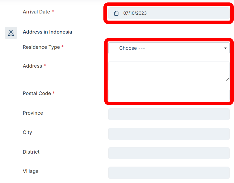 インドネシア入管 e-Visa 公式サイト 個人情報入力ページ(到着日~郵便番号)