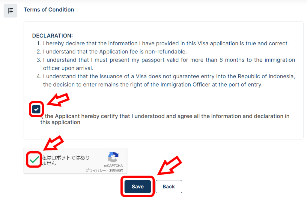 インドネシア入管 e-Visa 公式サイト 宣言ページ（各種チェックボックスと保存ボタン）