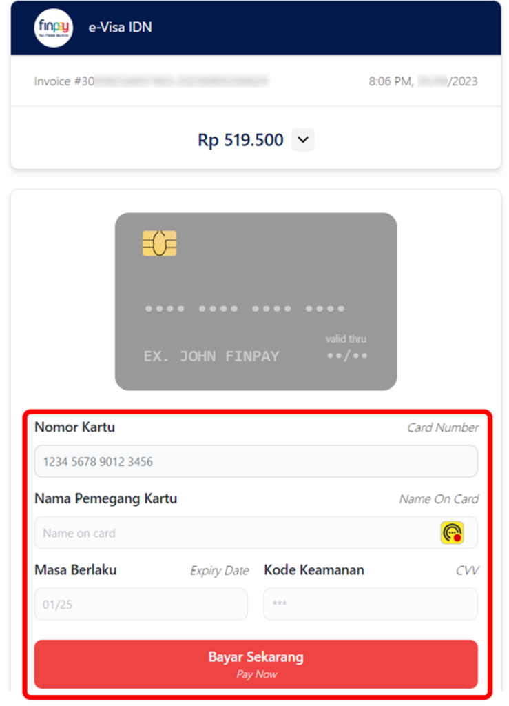 インドネシア入管 e-Visa 公式サイト カード情報 入力画面