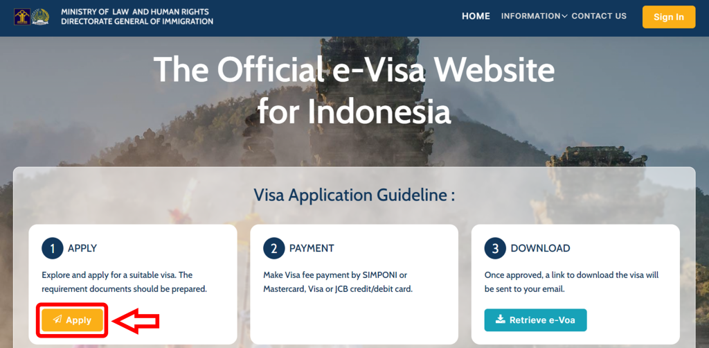 インドネシア入管 e-Visa 公式サイト トップページ