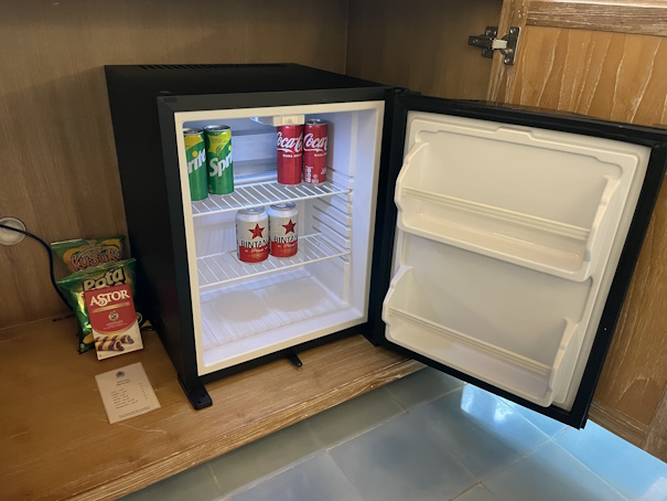 冷蔵庫はミニサイズで、仕切りの棚は外せるタイプ